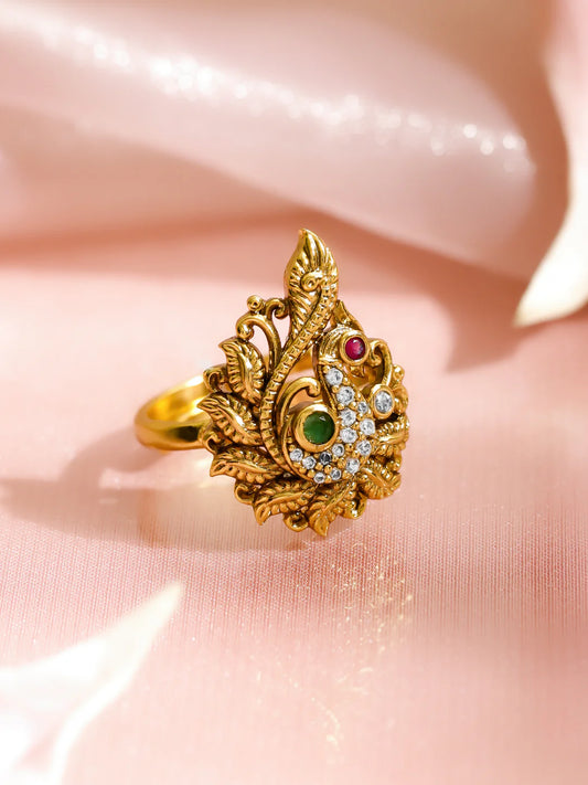 Peacock Motif Gold Toned Statement Ring