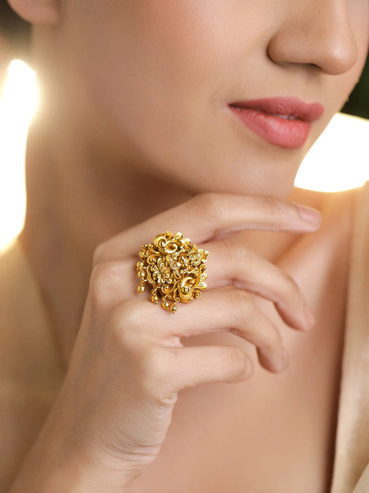 Laxmi Motif Gold Beaded Ring